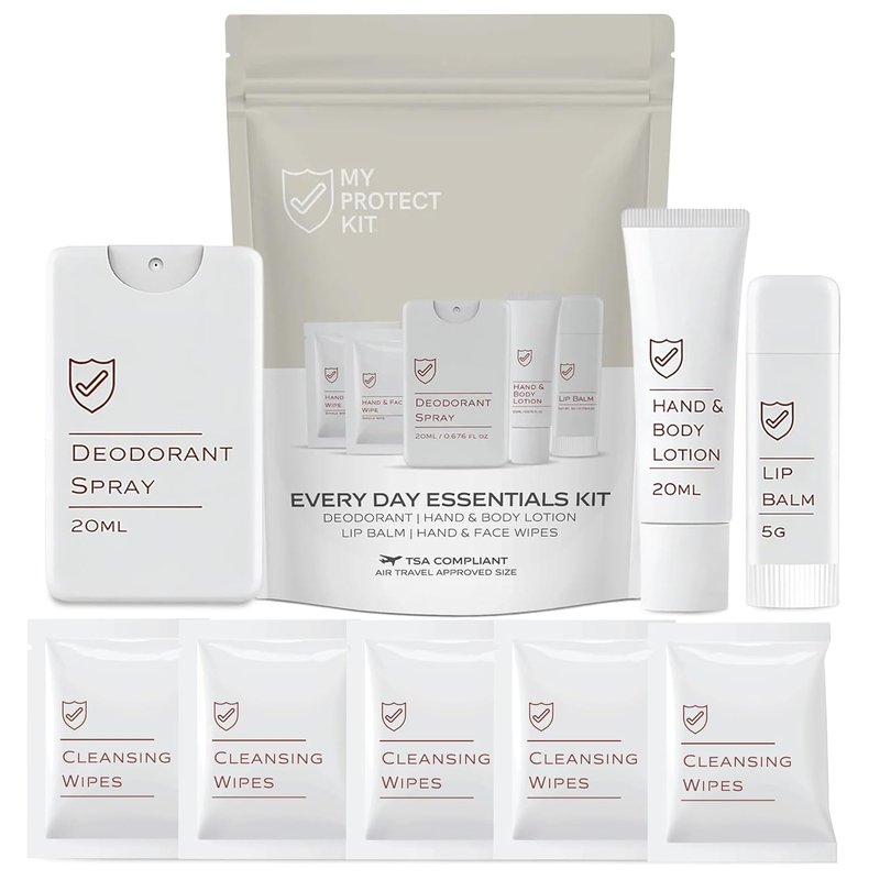 MY PROTECT KIT Everyday Essentials Travel Kit – TSA Compliant Hygiene & Toiletry Set with Deodorant Spray, Lotion, Lip Balm & Cleansing Wipes, Self Care Kit for Purse, Gym, Hotels & Airbnb