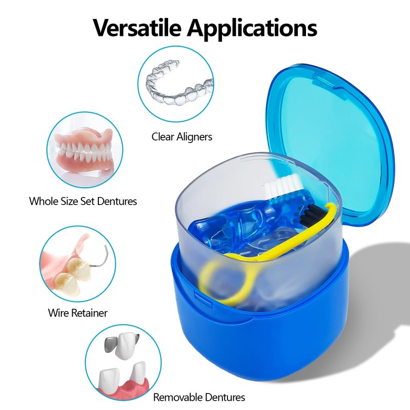 EZEELAI Denture Cleaning Case Dental Retainer Container Soaking Cup with Brush, Denture Storage Bath Box Case Cup Mouthguard Storage Holder Travel - Leak Proof with Lid Waterproof - Blue