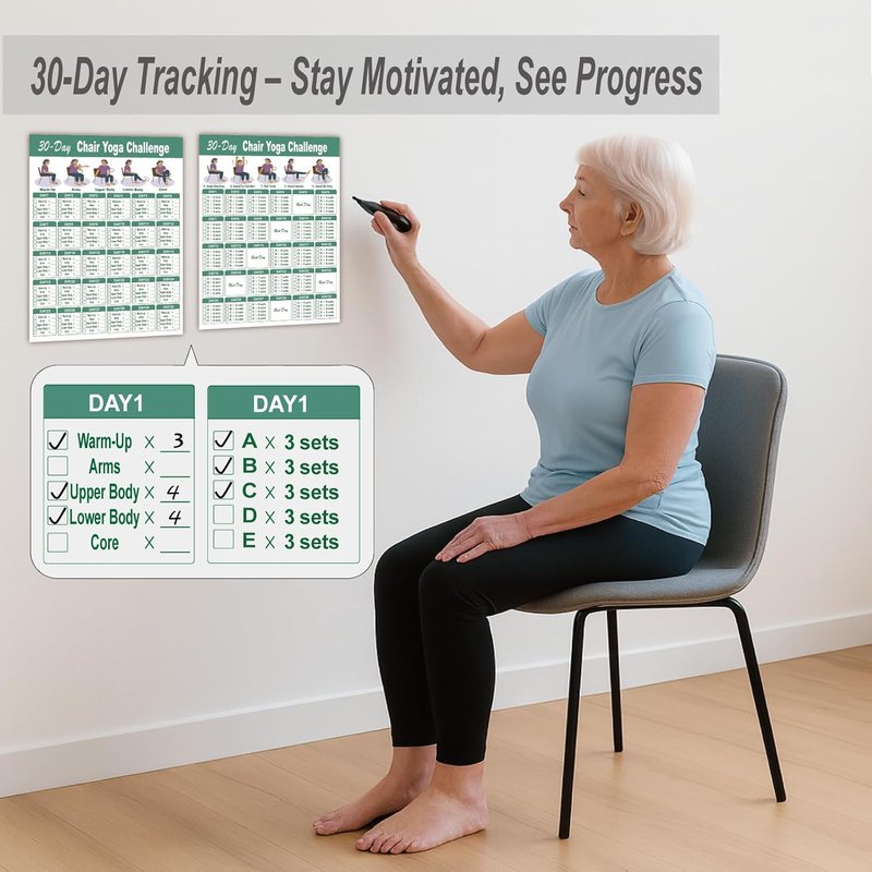 Chair Yoga Poster for Seniors | Set of 5 Illustrated Guides & 30-Day Challenges for Mobility, Balance, Flexibility