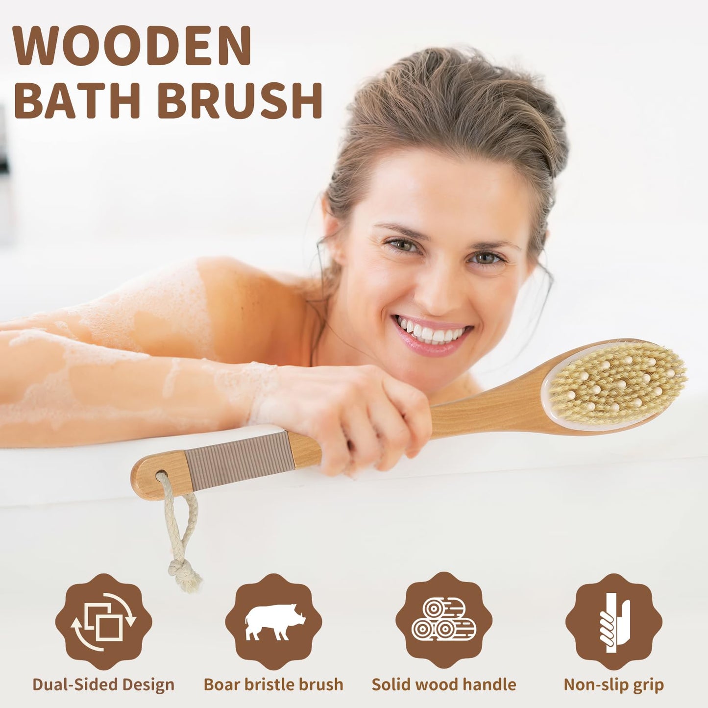 VALENTISE Back Scrubber for Shower, Shower Brush Long Handle with Boar Bristle and Massage Nodes, Exfoliating Body Scrubber for Lymphatic Drainage, Cellulite & Blood Circulation