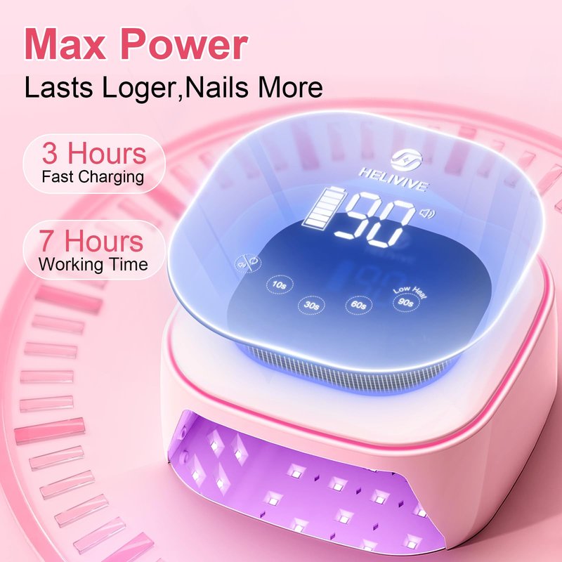 HELIVIVE Cordless UV LED Nail Lamp, 80W Rechargeable Nail Dryer with 4 Timers, Atmosphere Light & Mirror Base, UV Light for All Gel Nails, Ideal for Training,Nail Art Practice,Home & Salon Use (Pink)