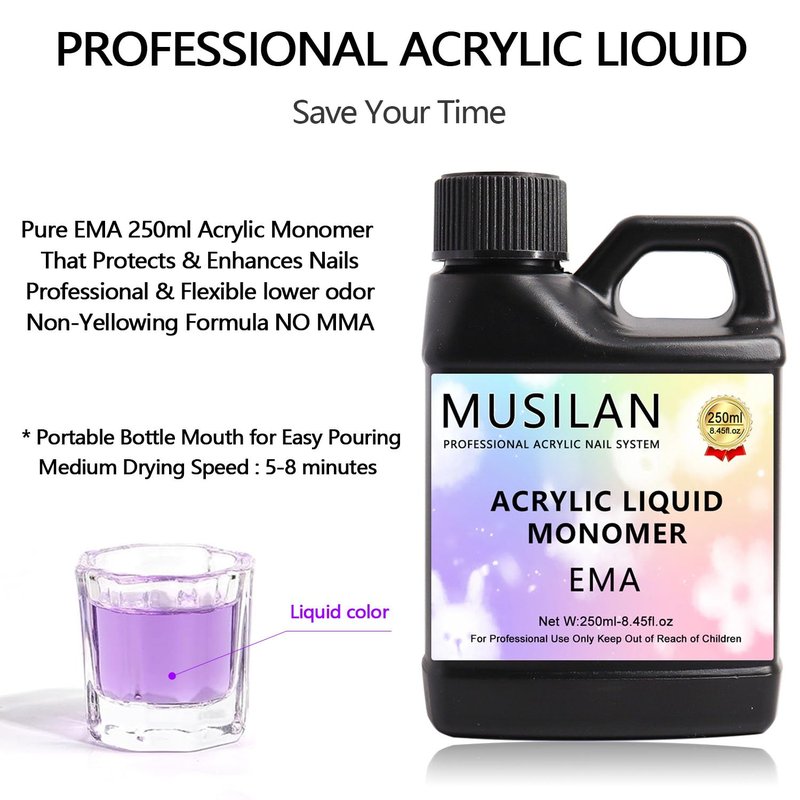 MUSILAN Monomer Acrylic Nail Liquid - 8.45oz Non-Yellowing MMA-Free Formula for DIY Nail Extensions | Professional Quality
