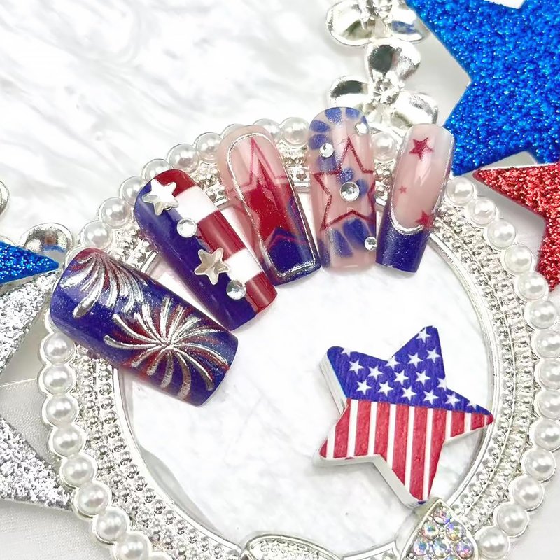 Skiennix 24Pcs 4th of July Press-On Nails - Medium Square French Tip with Glitter Fireworks Design