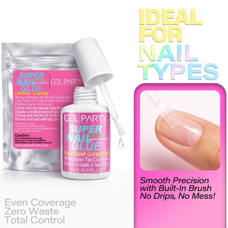 GELPARTY (8ml) Super Strong Brush On Nail Glue for Press On Nails & Tips – Quick Dry Clear Acrylic Nail Adhesive, Long Lasting Waterproof Bond for Fake Nails & Nail Art