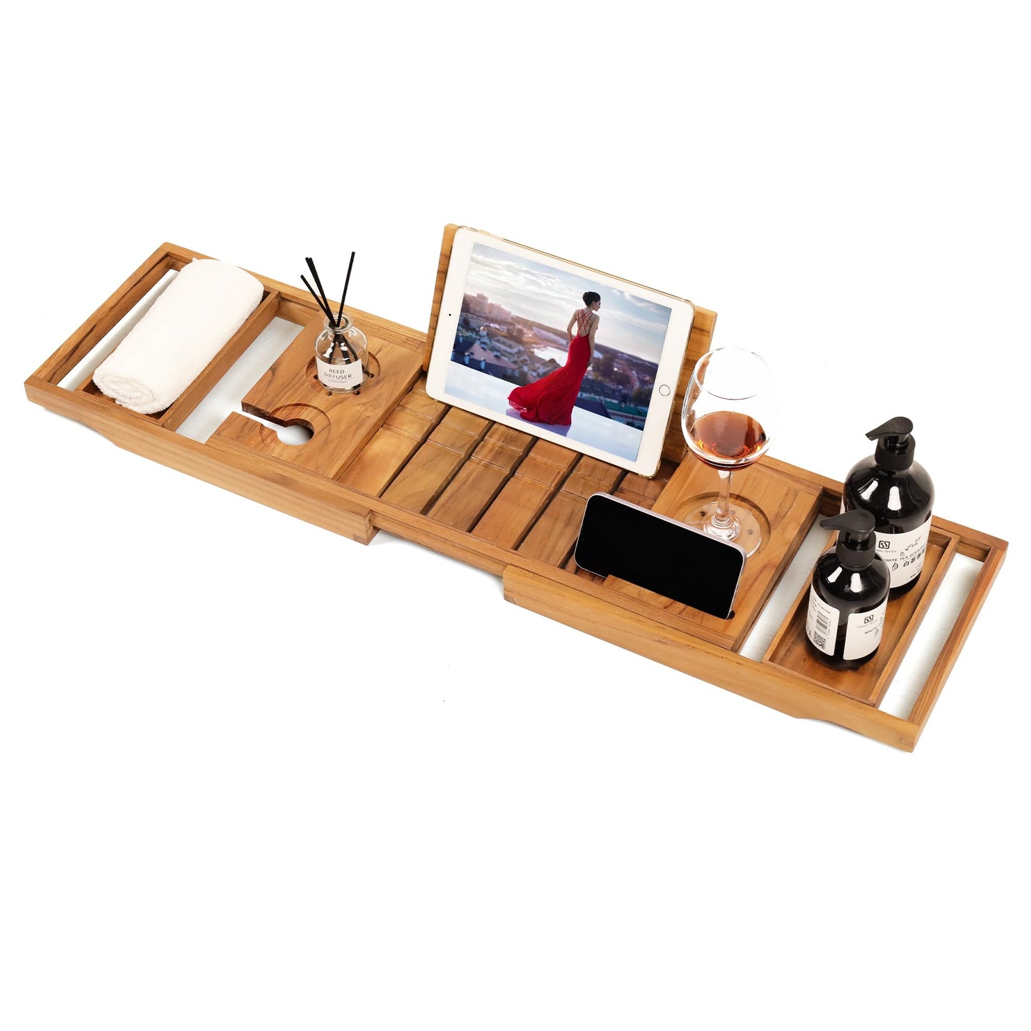 Boflay Expandable Teak Bathtub Tray - Luxury Wooden Bath Caddy & Tub Shelf, Over-The-Tub Bath Table with Book & Wine Glass Holder, Waterproof Bathroom Organizer for Spa Experience
