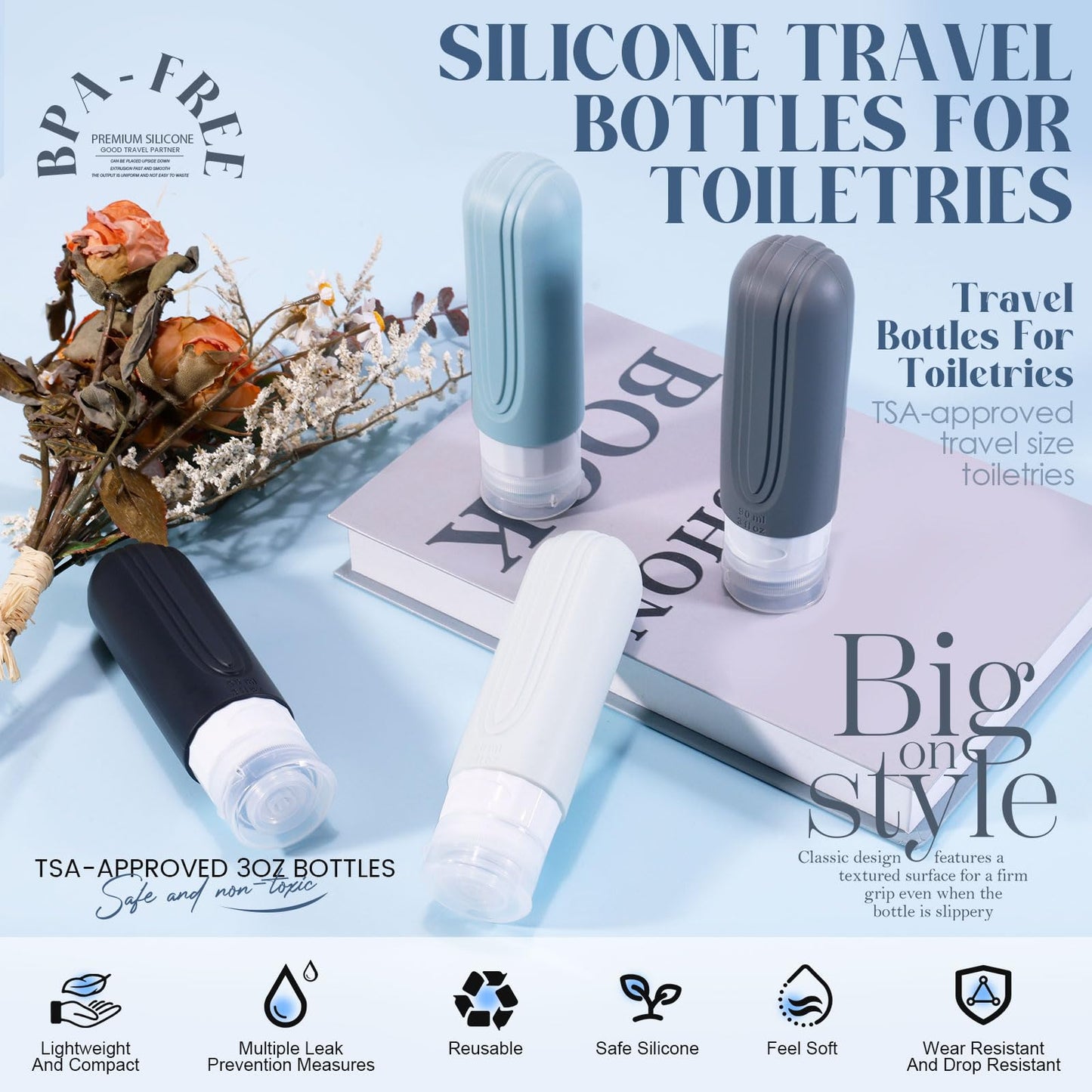YIIMER Travel Bottles for Toiletries, 3oz TSA Approved Travel Size Toiletries, Silicone Leak-Proof Refillable Containers, Squeezable Liquid Essentials Bottles W/Clear Bag (GRAY)