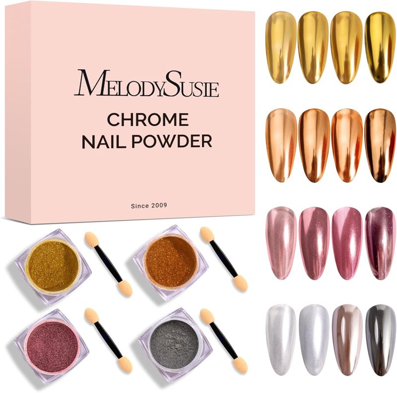 MelodySusie Chrome Nail Powder - 4Pcs Metallic Mirror Effect Pigment for DIY Gel Nails