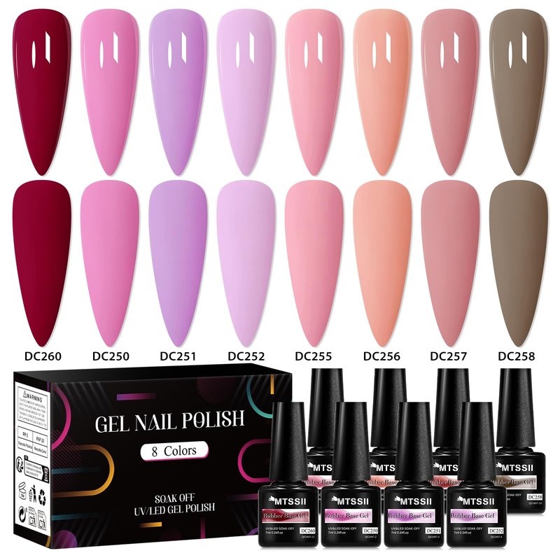 MTSSII 8PCS Rubber Base Gel for Nails Pale Pink Purple Neutral Skin Tones Rubber Base Gel Polish Kit DIY Manicure DIY Nail Art