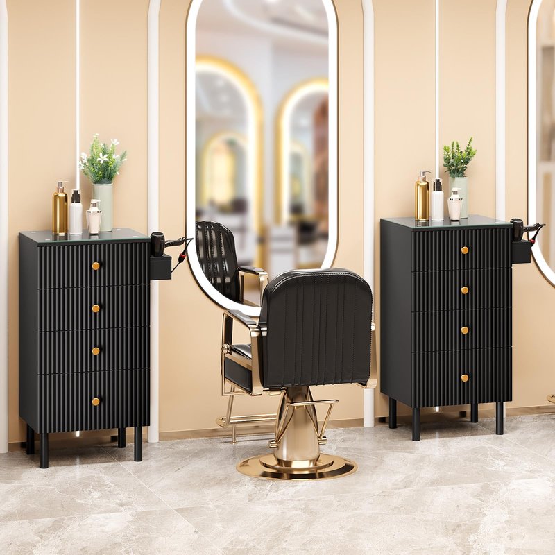 OmySalon Salon Station, Barber Station for Stylist, Hair Storage Cabinet with Glass Top & 4 Drawers & 3 Heat Resistant Tool Holders, For Beauty Spa, Salon, Black
