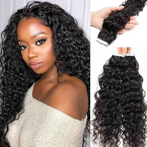 28Inch Long Tape in Hair Extensions for Women Water Wave Human Hair Skin Weft Seamless Invisible PU Tape Double Sided 50g 20pcs/Pack Adhesive Curly Hair 4-6 Packs for Full Head