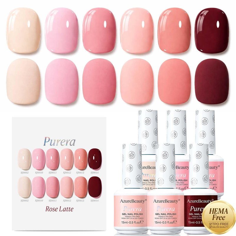 AZUREBEAUTY 6 Colors 15ml HEMA Free Purera Gel Nail Polish Set, Same Color Bottles, Soak Off UV LED Gel Polish Kit Nail Art for DIY at Home Manicure Salon Gifts, Nude Pink Beige Burgundy Red