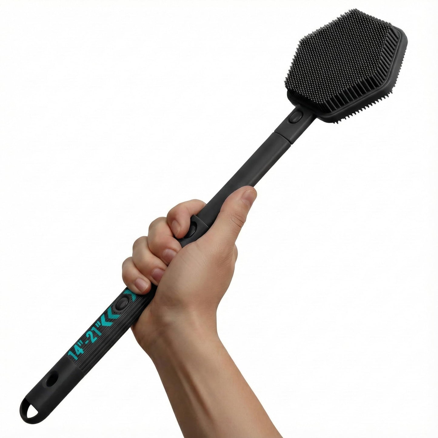 AIMAIAIMAI Silicone Back Scrubber for Shower – 21in Extendable Shower Brush with Long Handle – Dual-Sided Back Brush with Non-Slip Grip, Gentle Cleansing & Exfoliation for Men, Women, Elderly (Black)