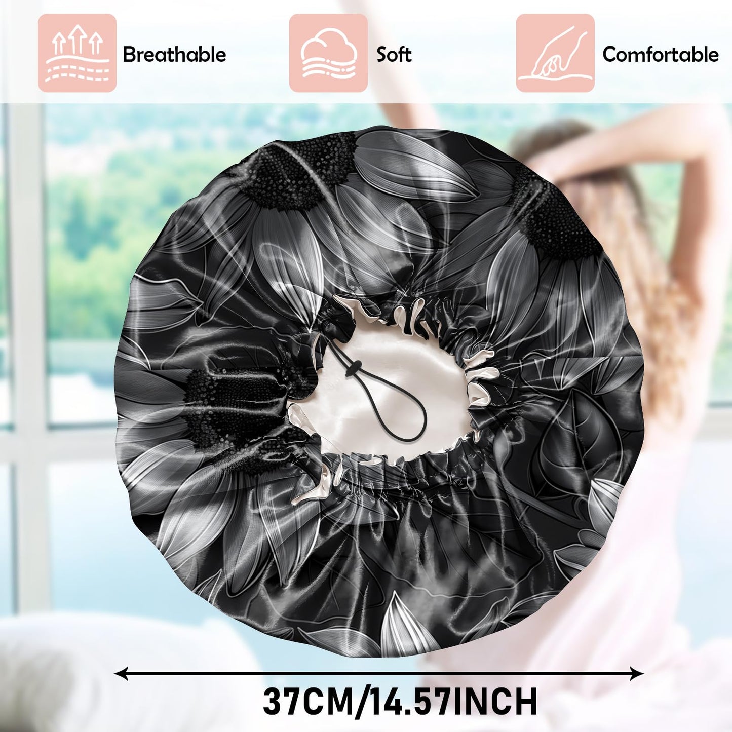 Cabreche Luxury Shower Cap Satin Silk Lined Adjustable Elastic Reusable Waterproof Shower Bath Cap Cute for Women Girls-Black Sunflower
