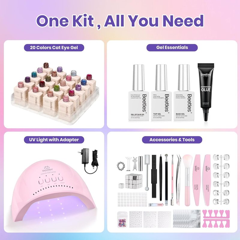 Beetles Gel Nail Kit - 96 Pcs Cat Eye Polish Set with UV Light & DIY Magnet | 20 Colors for Stunning Nail Art