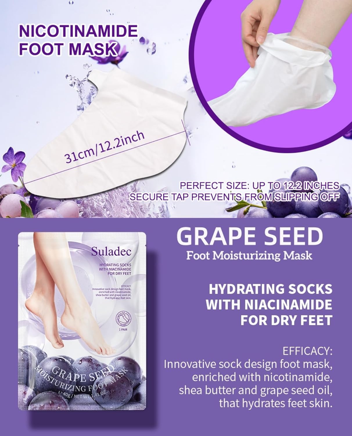 SULADEC Moisturizing Foot Mask - Hydrating Grape Seed Oil & Shea Butter for Soft Feet | 7 Pairs
