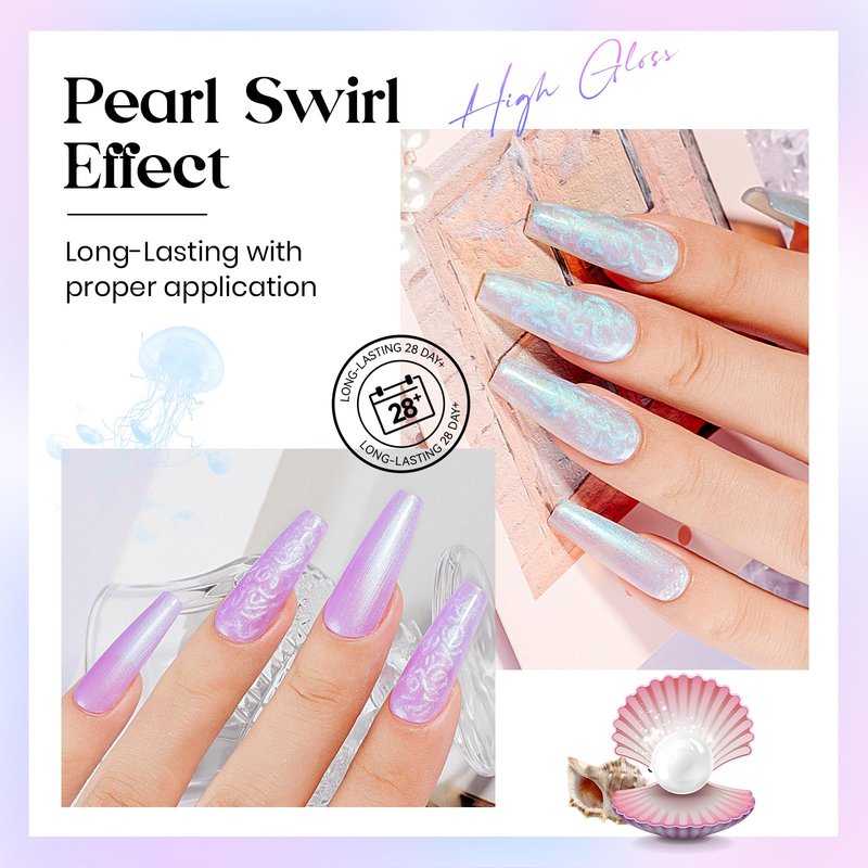 MIZHSE Pearl Gel Nail Polish, 6 Colors Iridescent Mermaid Gel Polish Set, Drawing Nail Gel Shell Thread Effect Shimmer White Pink Purple Soak Off Nail Art Manicure Home Gift for Wome