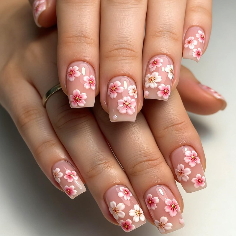 GCSQW Flower Press on Nails Medium Square Fake Nails with Cherry Blossoms Design Glossy Pink Acrylic Nails Press ons, 24Pcs Spring Summer Floral Stick on Nails for Women Daily Wear