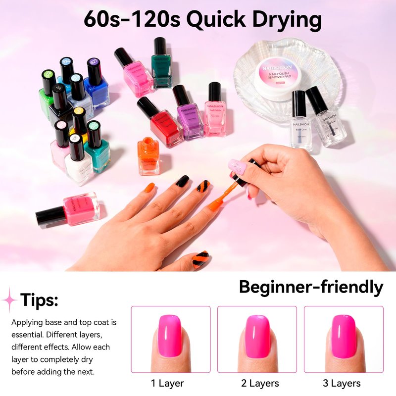 Nailshion Nail Polish 10ml 16 Colors Rainbow Air Dry Regular Nail Polish Set with Base Top Coat & Remover Pads| White Red Classic French Fingernail Polishes Non-gel Bulk Gift for Nail Art Lovers