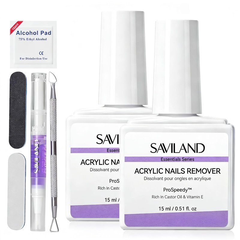 SAVILAND Acrylic Nail Remover Kit 2 Pcs: Powerful Rapid Dissolution Acrylic Remover with Cuticle Oil & Nail File Tools, No Soaking No Wrapping, Gentle Professional Set for Home Use