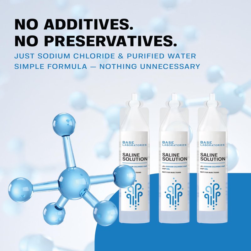 BASE LABORATORIES 0.9% Saline Solution Vials - Versatile 0.9% Sodium Chloride Saline Ampoules - Preservative Free Saline Solution Single use vials - USP Grade 25 Vials x 5ml Count
