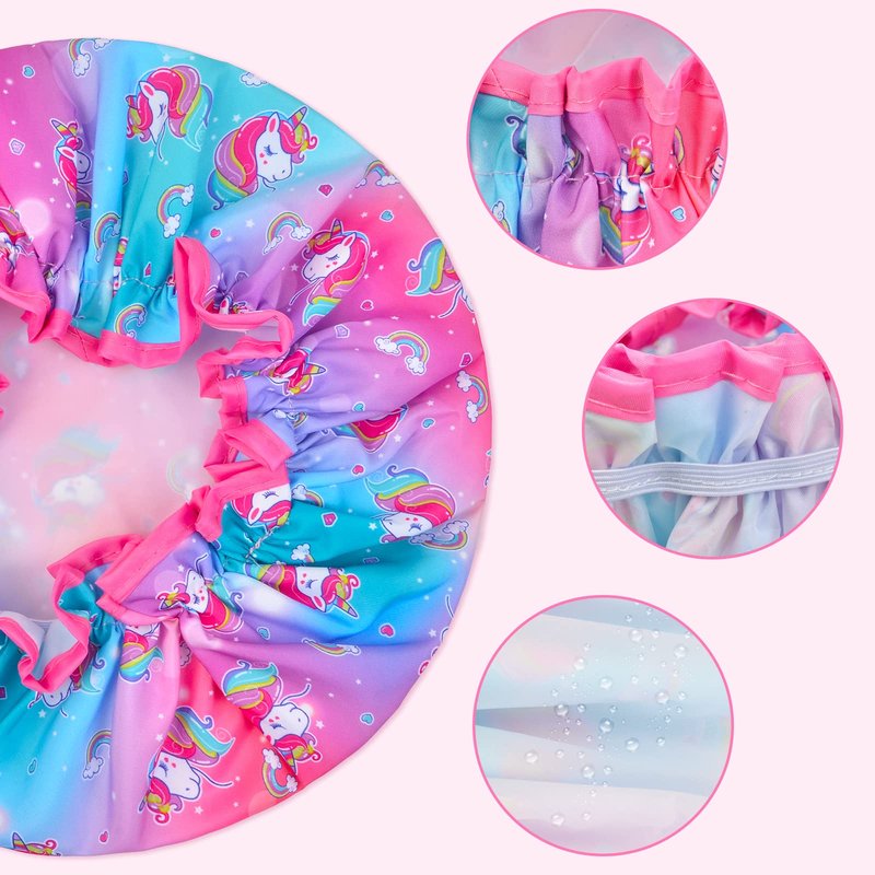 Olypegic Kids Shower Cap, 3 Pcs Girls Shower Cap for Kids Reusable Waterproof Adjustable Large Hair Cap Unicorn Mermaid Rainbow Cute Hair Cover Hat