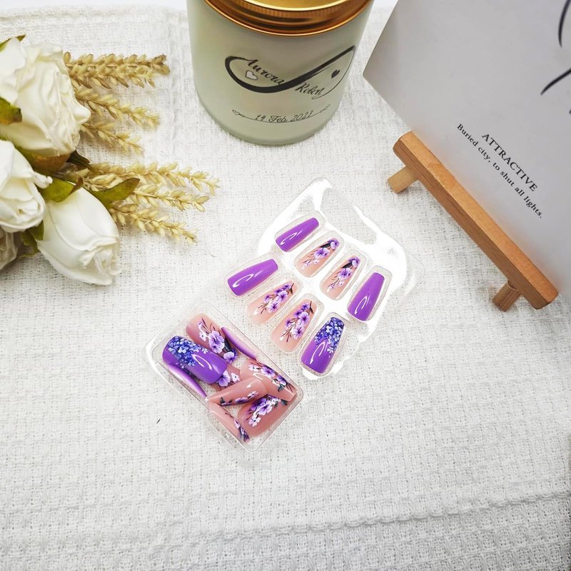 24Pcs Purple Press on Nails Spring Fake Nails Purple Flower Design False Nails Long Square Acrylic Nails Full Cover Glossy Stick on Nails for Women Girls Spring Summer Nail Art Decor
