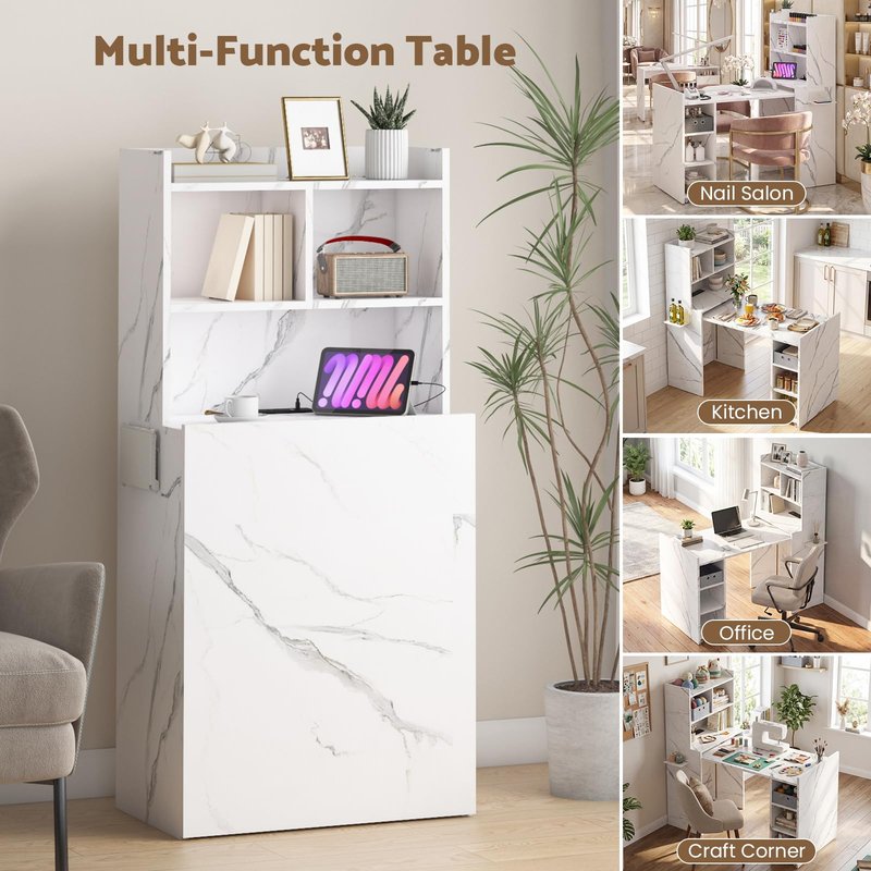 MOMOKOVA Foldable Manicure Table Nail Desk, Extendable Nail Station with Charging Station, Storage Shelf & Fabric Drawer, Wall Mount Nail Tech Table Modern Multipurpose Table for Home & Office, White