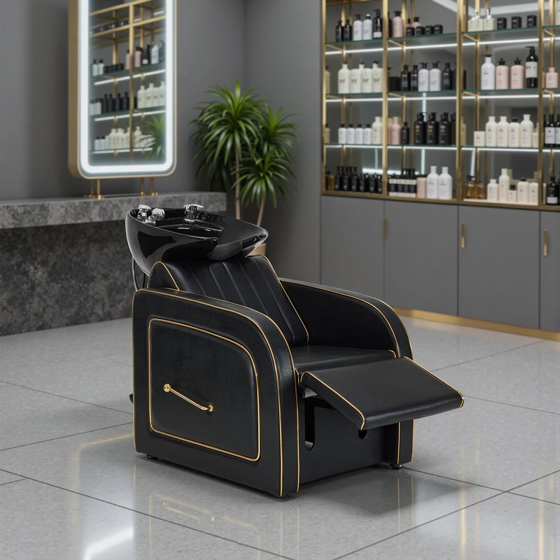 BarberPub Backwash Shampoo Chair and Bowl Set, Adjustable Porcelain Ceramic Wash Bowl Sink Unit, Luxurious Shampoo Station Chair for Spa Beauty Salon Hair Salon 9175 (Luxurious, Black)