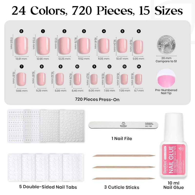 Beetles Press On Nails Kit - 720 Pcs Prism Pop Short Square Nails | 24 Colors, Glossy & Matte Finishes