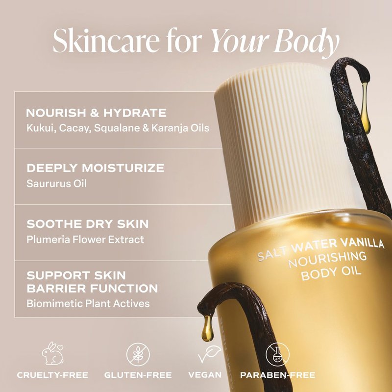 Saltair Body Oil - Luxurious Salt Water Vanilla After Shower and Bath Oil for Women and Men. Botanical, Non-Greasy, Well-Absorbing Moisturizer for Hydrating Dry Skin – 4oz Bottle