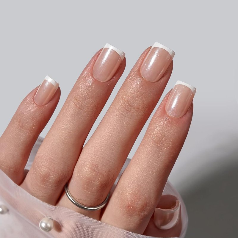BTArtbox Press On Nails - Chrome French Tip Square Design | 32 Semi-Transparent Soft Gel Nails in 16 Sizes