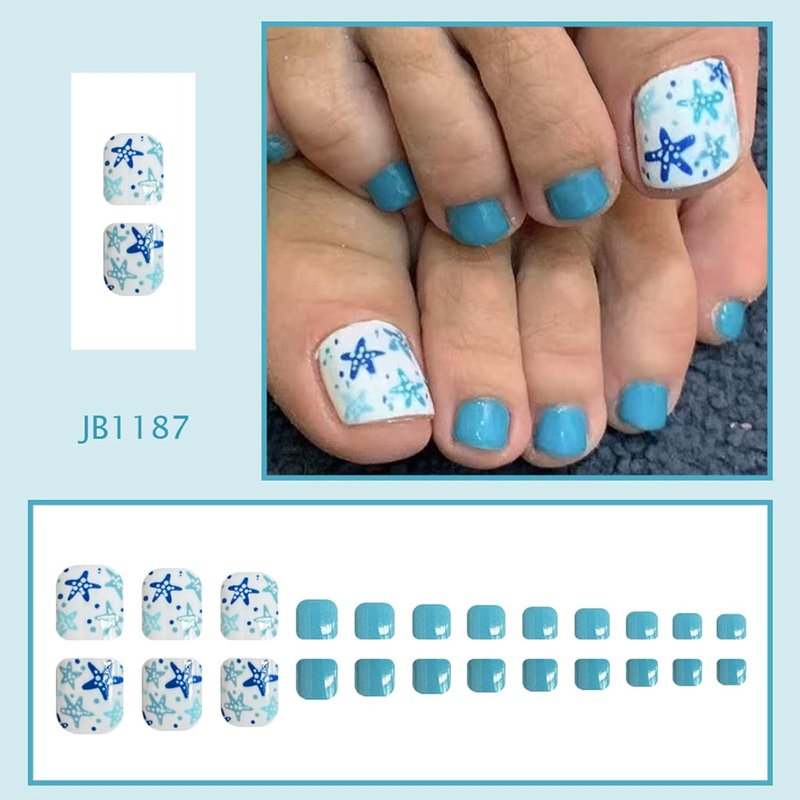 Blue Starfish Press-On Toenails - Short Square Acrylic Nail Tips for Summer Beach | 24 Reusable Nails