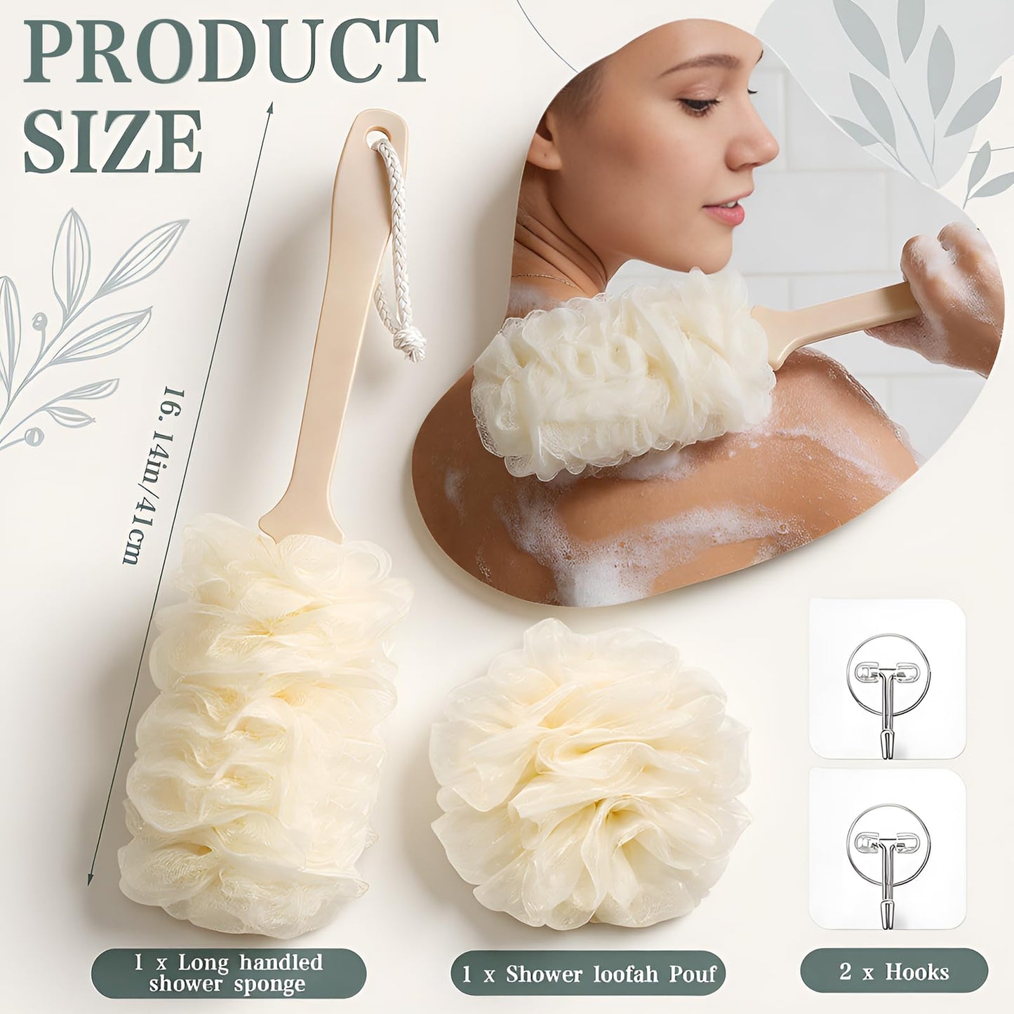 Suttmin 4 Pcs Back Scrubber Showers Set Bath Sponge Loofah Back Scrubber for Men Women Bathing Accessories Includes 1 Long Handled Shower Sponge 1 Bath Shower Luffa Pouf 2 Hooks to Hang Stuff