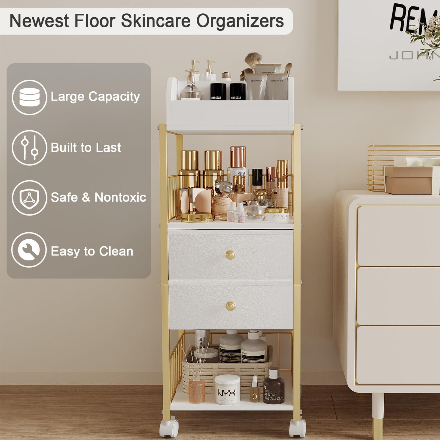 ZQUYAJ Makeup Organizer Storage Cart, Large Skincare organizers, Makeup Stand with Drawers, Makeup Vanity Organizer Cosmetics Display Cases Holder for Skin Care Nail Polish Perfume Makeup Brush (Gold)