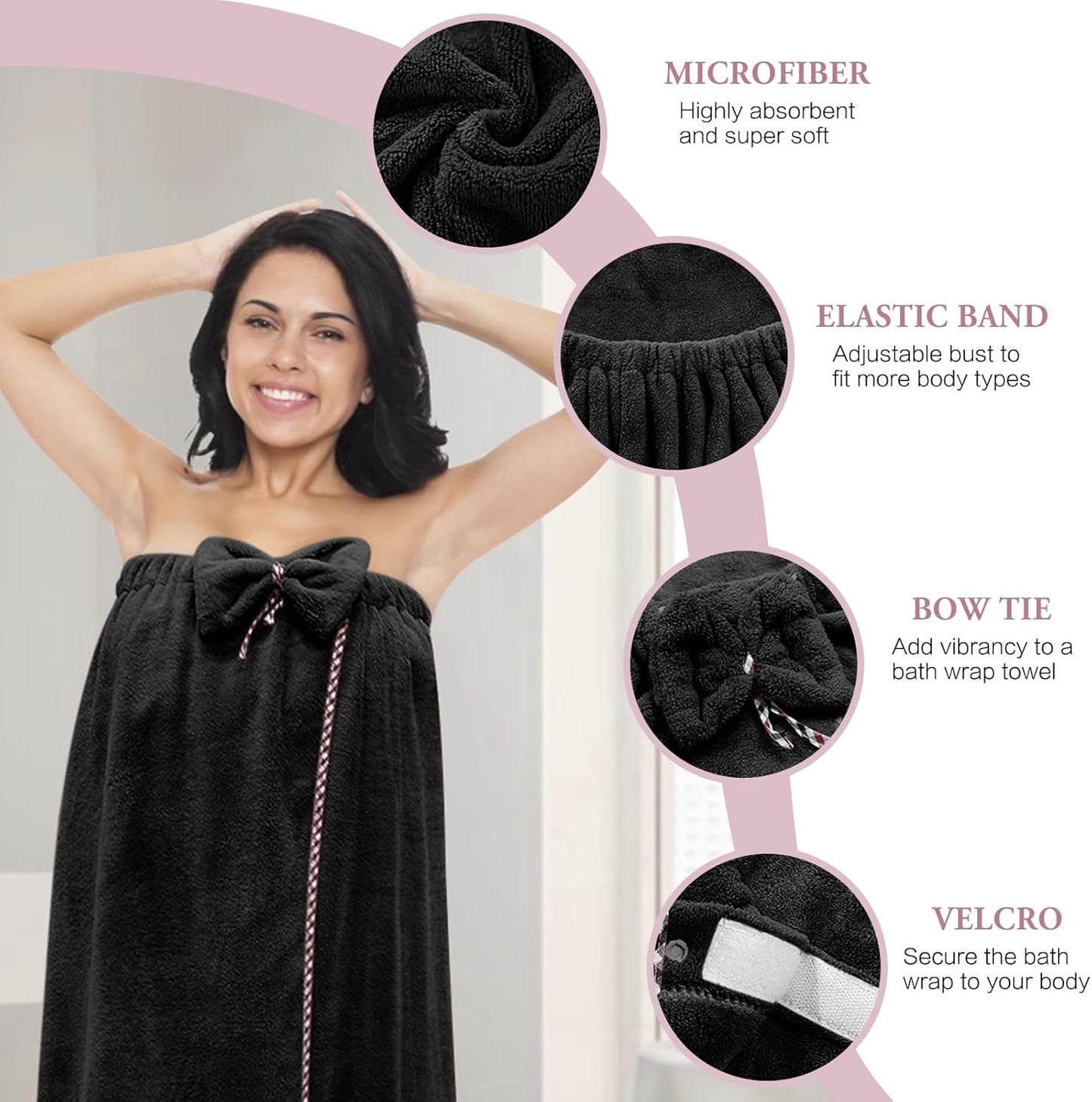 Women’s Microfiber Bath Towel Wrap - Adjustable & Quick-Drying Hair Drying Towel | Absorbent for Gym, Beach, Spa, Sauna - Black