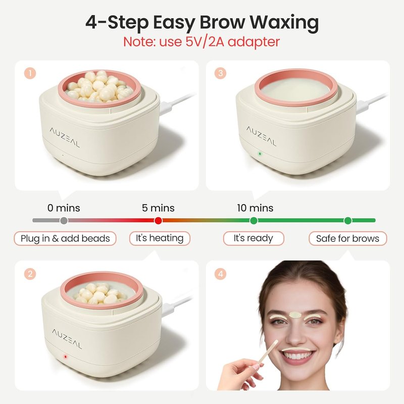 Mini Eyebrow Wax Kit - Hair Removal Wax Beads & Sticks | USB Fast Heat, Travel-Friendly