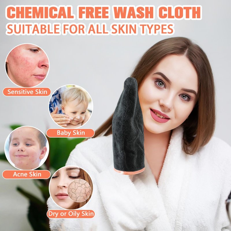 PHOGARY 8 Pack Microfiber Wash Mitts for Face Body, Super Soft Absorbent Coral Fleece Facial Cloths Bath Shower Mitt, Reusable Makeup Remover Washcloths, Black, 6x9in