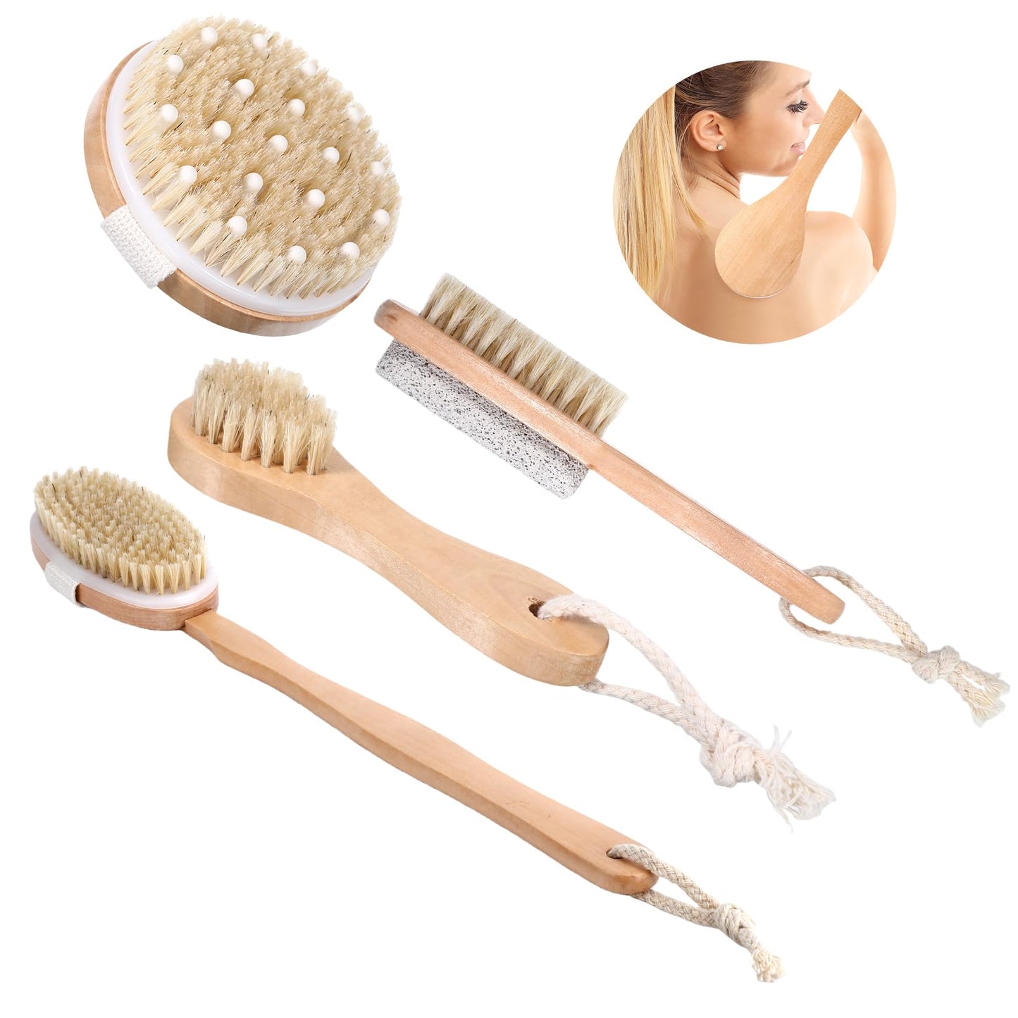 4PCS Dry Brushing Body Brush Set, Bamboo Dry Brush for Body Face Foot, Boar Bristle Long Handle Face Cleansing Shower Scrubber Brushes
