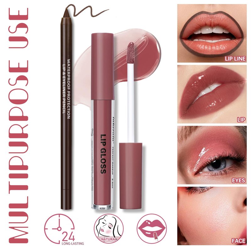 HOSAILY Nourishing Lip Gloss Moisturizing High Shine Fresh Lightweight Glossy Plumping Lip Combo for Women, Long Wear Lip Glow Oil with Brown Lip Liner Set Non-Sticky Liquid Lipstick Makeup#12