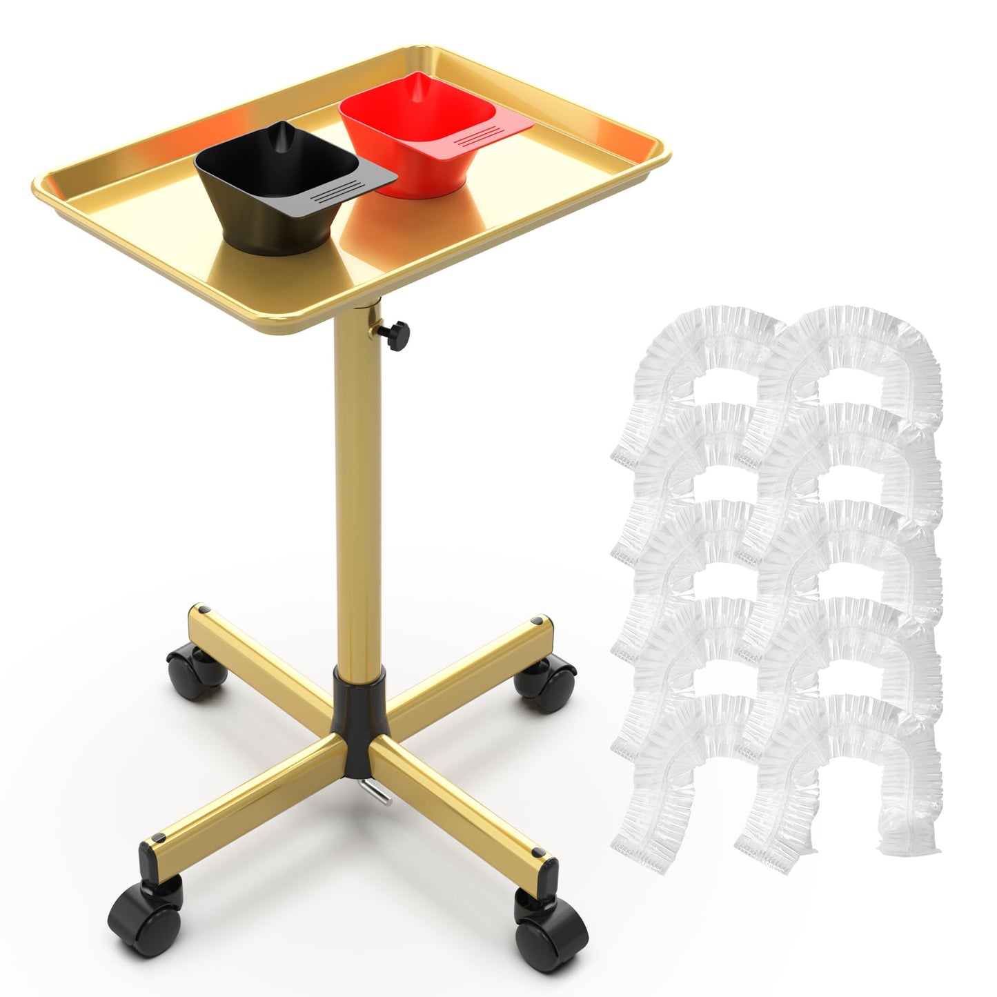 TASALON Rolling Salon Cart with Adjustable Height, Rolling Tray Trolley for Salon Essentials, Mobile Trolley with Wheels and 2 Magnetic Dye Bowls, 10 PCS Disposable Salon Tray Cover, Gold Metal
