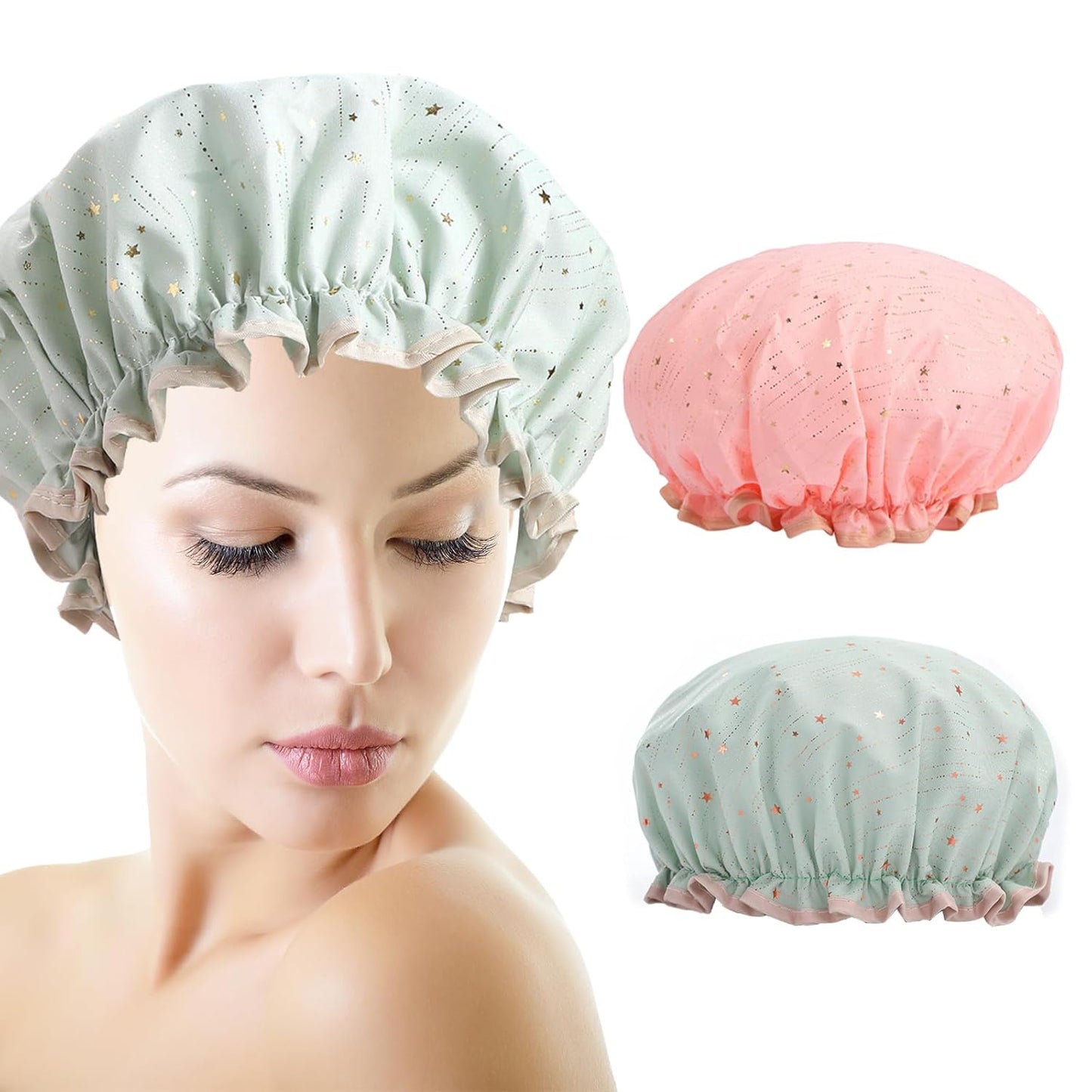 Skiennix Starry Night Shower Caps - Premium Reusable Waterproof Hair Protection | 2 Pack (Pink & Green)