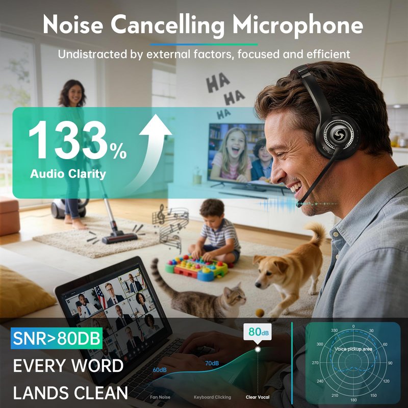 Surpixo Wireless Headset with Mic for Work, Dual-Mode Bluetooth & 2.4GHz Dongle, 50H Talk Time, Headphone with mic ENC Noise Cancelling fit for Computer/Laptop/Teams, Glasses-Friendly- Black