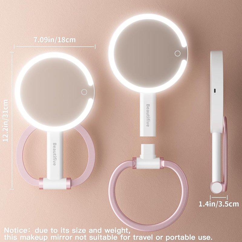 7-Inch Magnifying Mirror with Light - Rechargeable Double-Sided 10X/1X Handheld Makeup Mirror | Pink with Stepless Dimming