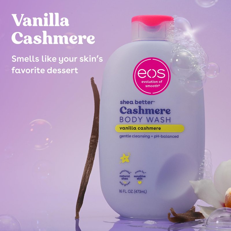 eos Travel Vanilla Cashmere Body Wash- Travel Size Body Wash, Hydrating, Moisturizing, Toiletries, Mini, Shea Butter, 2.5 fl oz