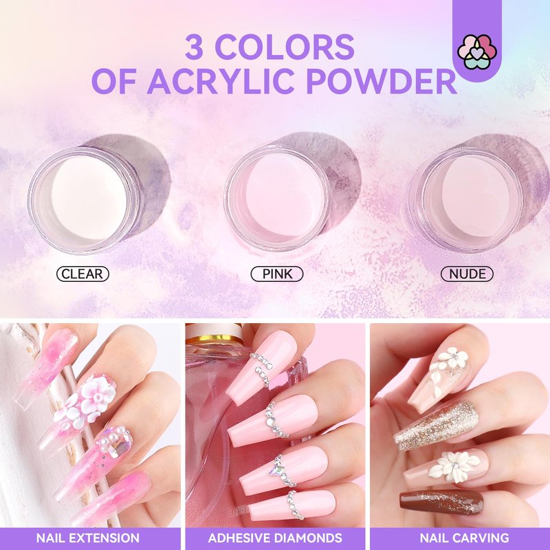 SAVILAND Acrylic Nail Kit for Beginners: Clear Nudes Pink Acrylic Powder and Liquid Set with #12 Acrylic Nail Brush Cuticle Oil Pen Forms Tools Extension Nail Kit with Everything Home DIY