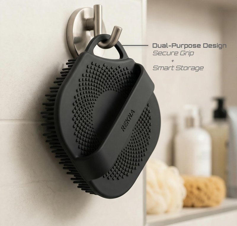 REKNA Silicone Body Scrubber for Shower - Exfoliating Body Brush with Non-Slip Grip - Durable Loofah Alternative - Soft Bristles for Gentle Cleansing, High Lather & Quick Drying, Black