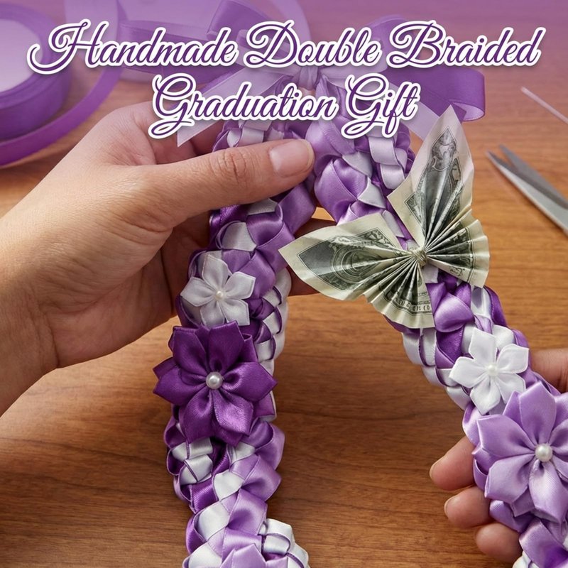 Lyrow 50" Graduation Lei 2026 Double Braided Graduation Ribbon Money Lei with 4 Satin Flower Handmade Grad Necklace Class of 2026 Grad Gift Accessories for Men Women(Purple)