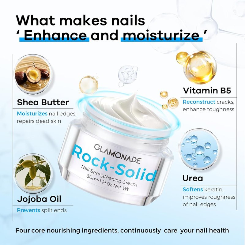 Glamonade Hard Nail Strengthening Cream - Repair Damaged Nails & Cuticles | Plant-Based, 1 oz