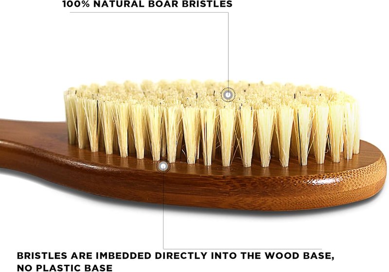 Natural Boar Bristle Bath Brush - Anti-Slip Long Handle Shower Scrubber | Exfoliating Back Brush with Pumice Stone (17.71 Inch)