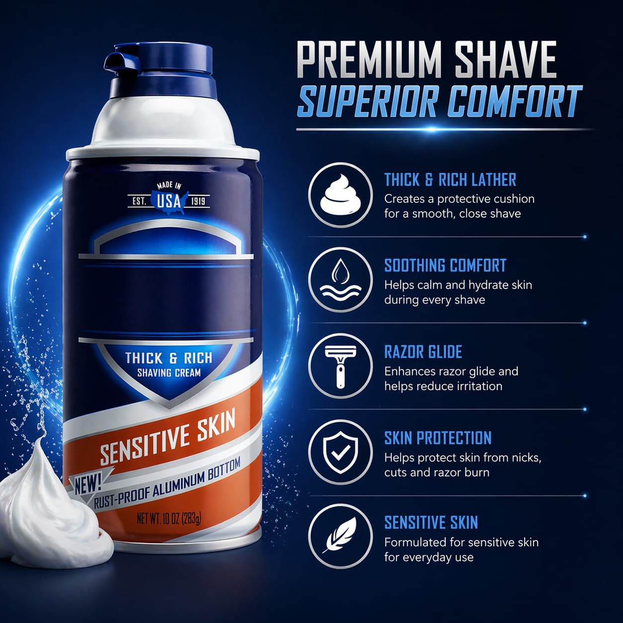 Sensitive Skin Thick & Rich Shaving Cream for Men, Smooth Glide Formula for Comfortable Shave, Helps Reduce Razor Drag, Easy Rinse, 10 oz